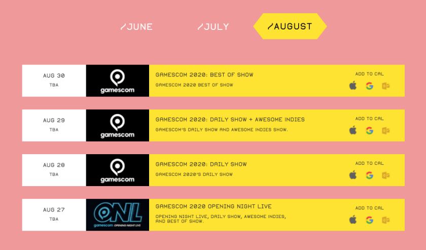 August Summer Game Fest scheduled events as of June 1st, 2020.