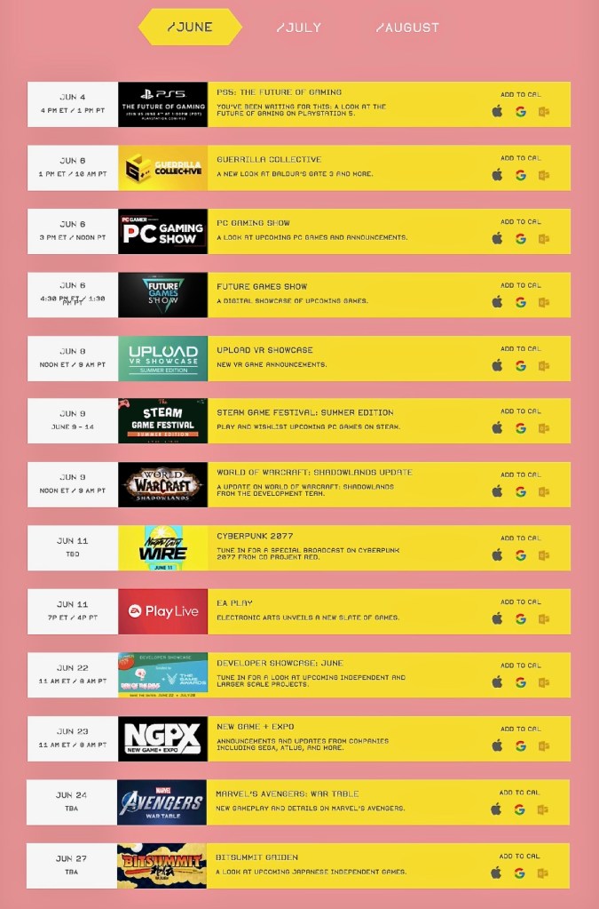 June Summer Game Fest scheduled events as of June 1st, 2020.